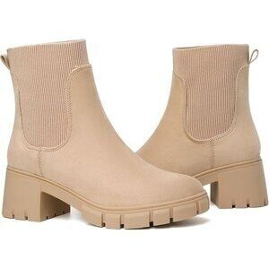 Womens Ankle Boots Lug Sole Slip On Chelsea Booties‎ Nude 9.5